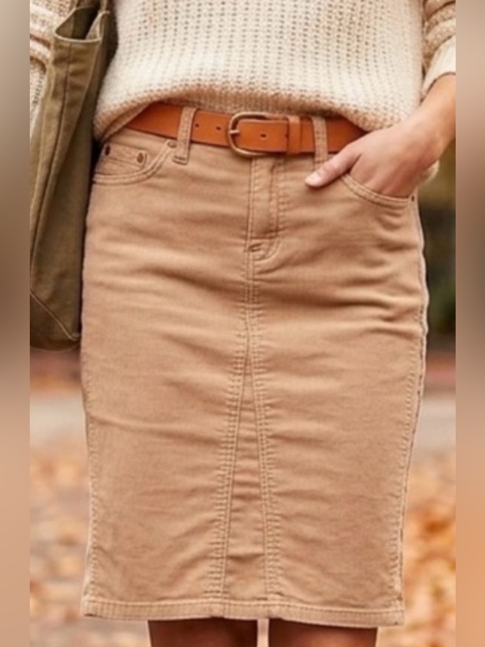 GAP Beige Knee-Length Corduroy Pencil Skirt